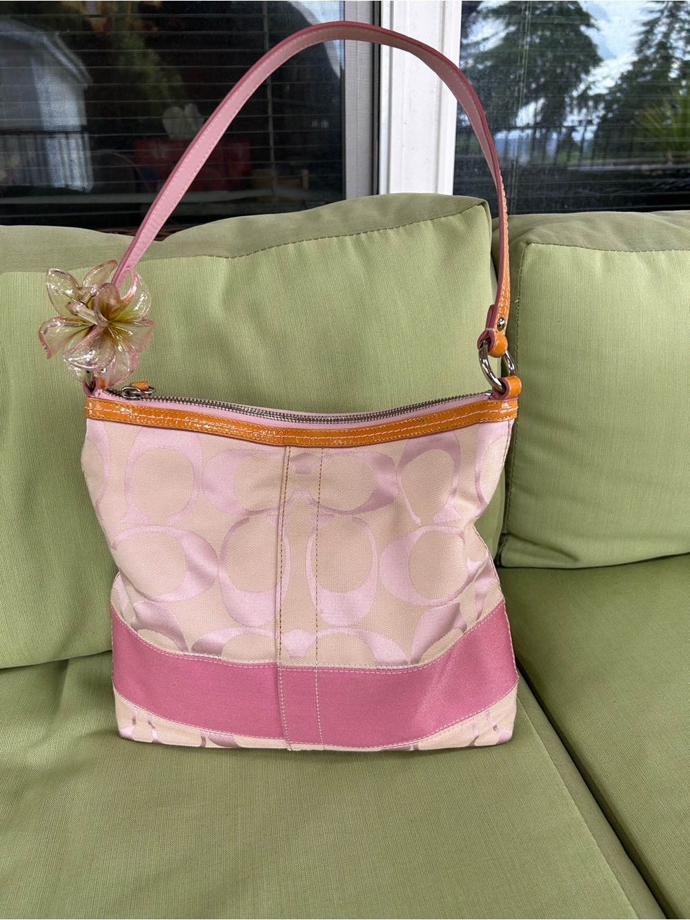 Coach Pink & Beige Signature Canvas Shoulder Bag with Tan Trim - Picture 2 of 7
